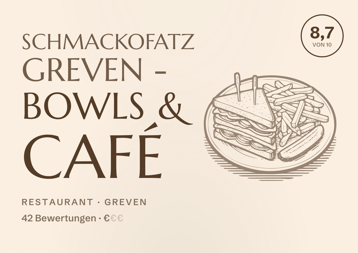 Illustriertes Poster von Schmackofatz Greven - Bowls & Café, Restaurant in Greven: Bewertung 8,7 von 10 aus 42 Bewertungen, Preisniveau €