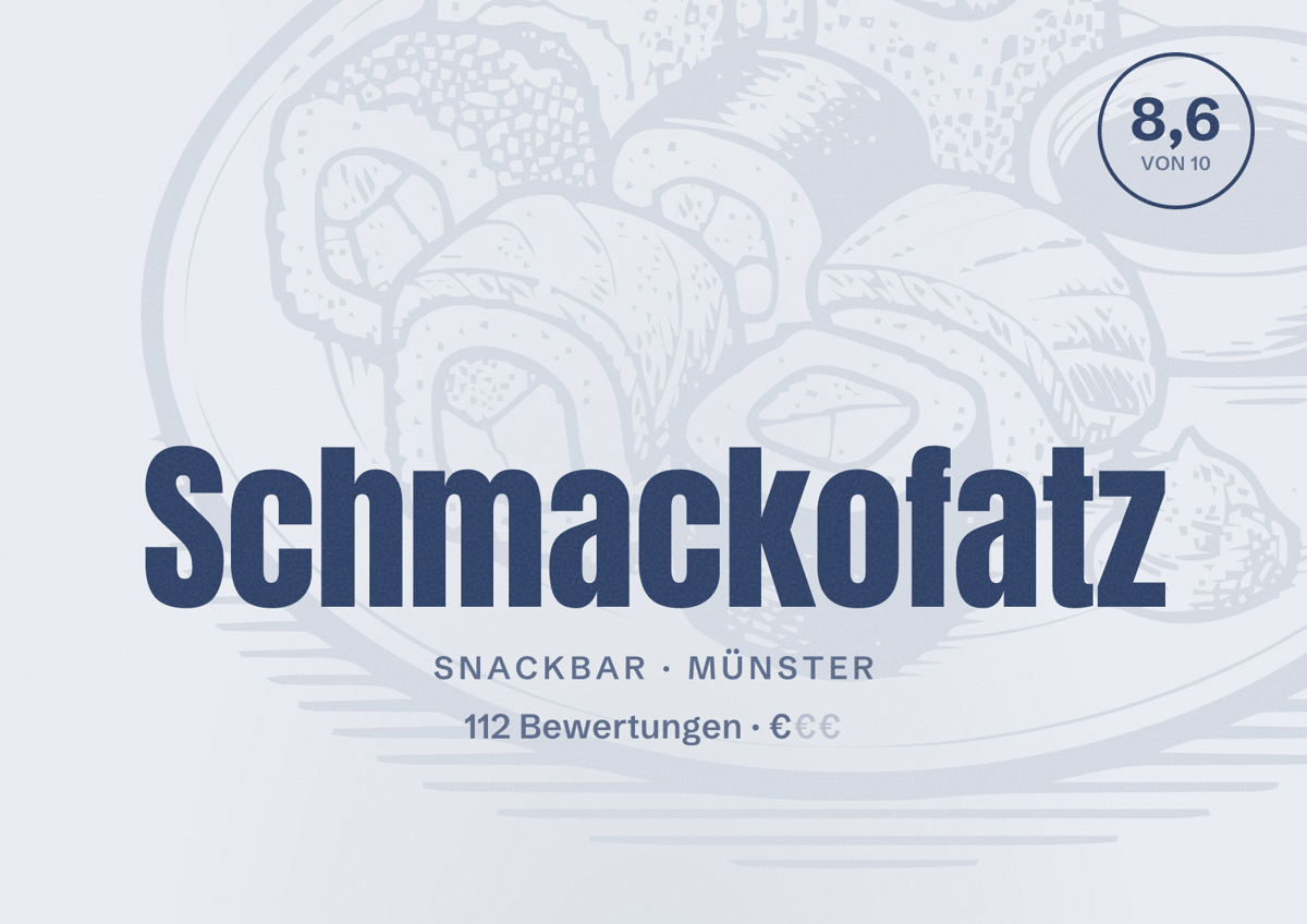 Illustriertes Poster von Schmackofatz, Snackbar in Münster: Bewertung 8,6 von 10 aus 112 Bewertungen, Preisniveau €