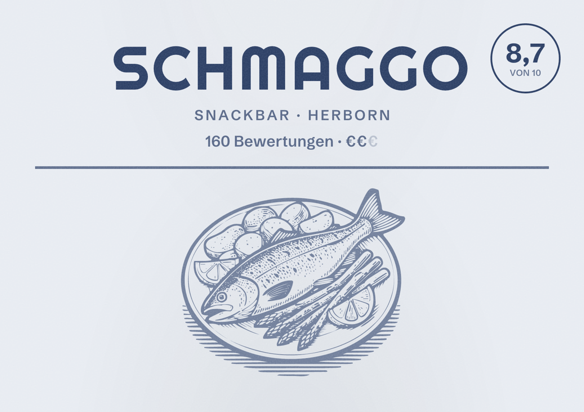 Illustriertes Poster von Schmaggo, Snackbar in Herborn: Bewertung 8,7 von 10 aus 160 Bewertungen, Preisniveau €€