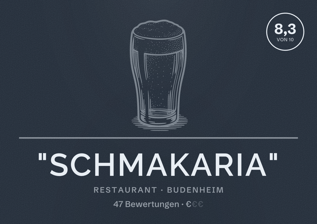 Illustriertes Poster von "Schmakaria", Restaurant in Budenheim: Bewertung 8,3 von 10 aus 47 Bewertungen, Preisniveau €