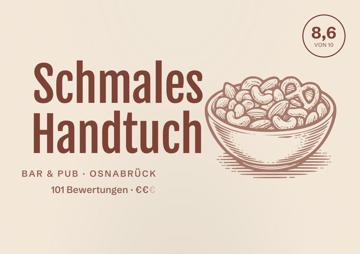 Illustriertes Poster von Schmales Handtuch, Bar & Pub in Osnabrück: Bewertung 8,6 von 10 aus 101 Bewertungen, Preisniveau €€