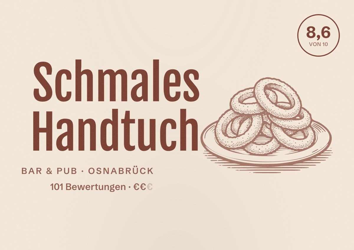 Illustriertes Poster von Schmales Handtuch, Bar & Pub in Osnabrück: Bewertung 8,6 von 10 aus 101 Bewertungen, Preisniveau €€