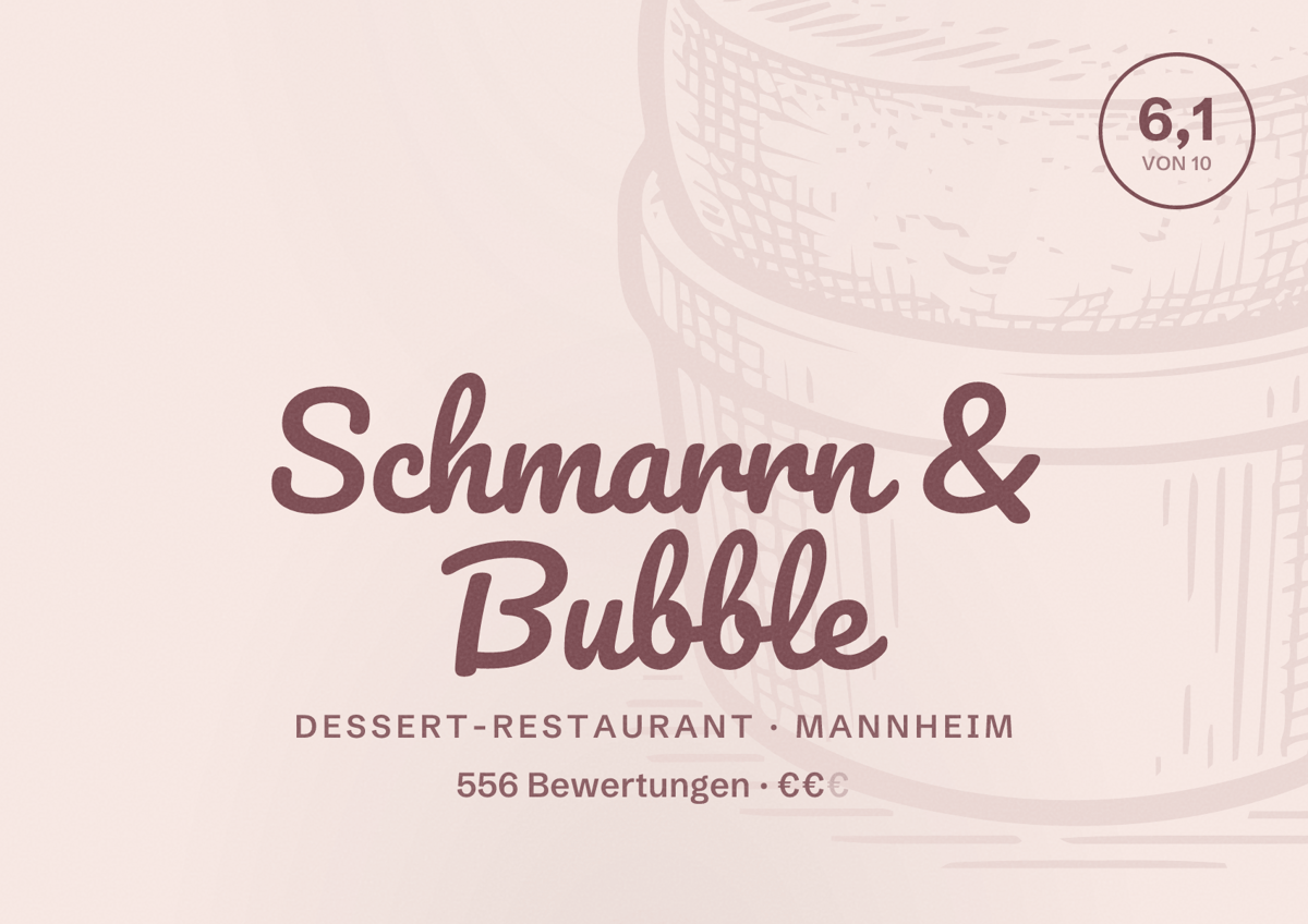Illustriertes Poster von Schmarrn & Bubble, Dessert-Restaurant in Mannheim: Bewertung 6,1 von 10 aus 556 Bewertungen, Preisniveau €€