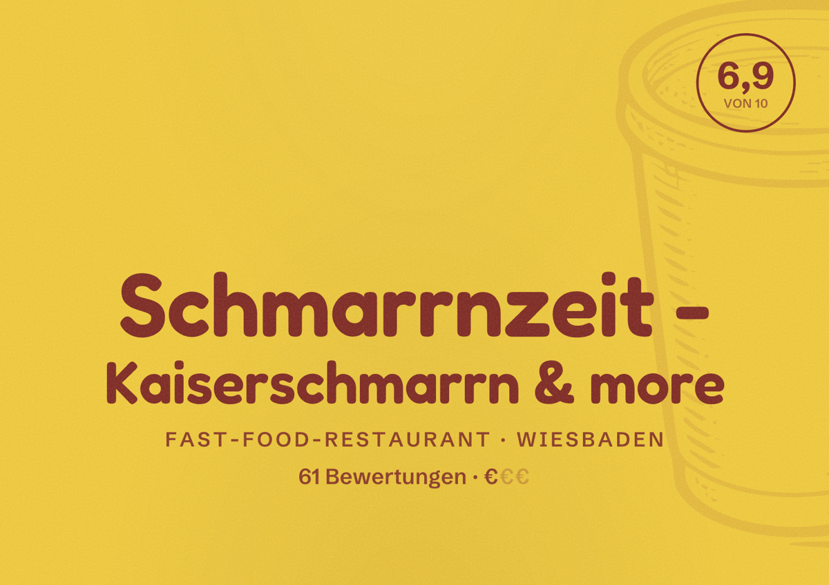 Illustriertes Poster von Schmarrnzeit - Kaiserschmarrn & more, Fast-Food-Restaurant in Wiesbaden: Bewertung 6,9 von 10 aus 61 Bewertungen, Preisniveau €