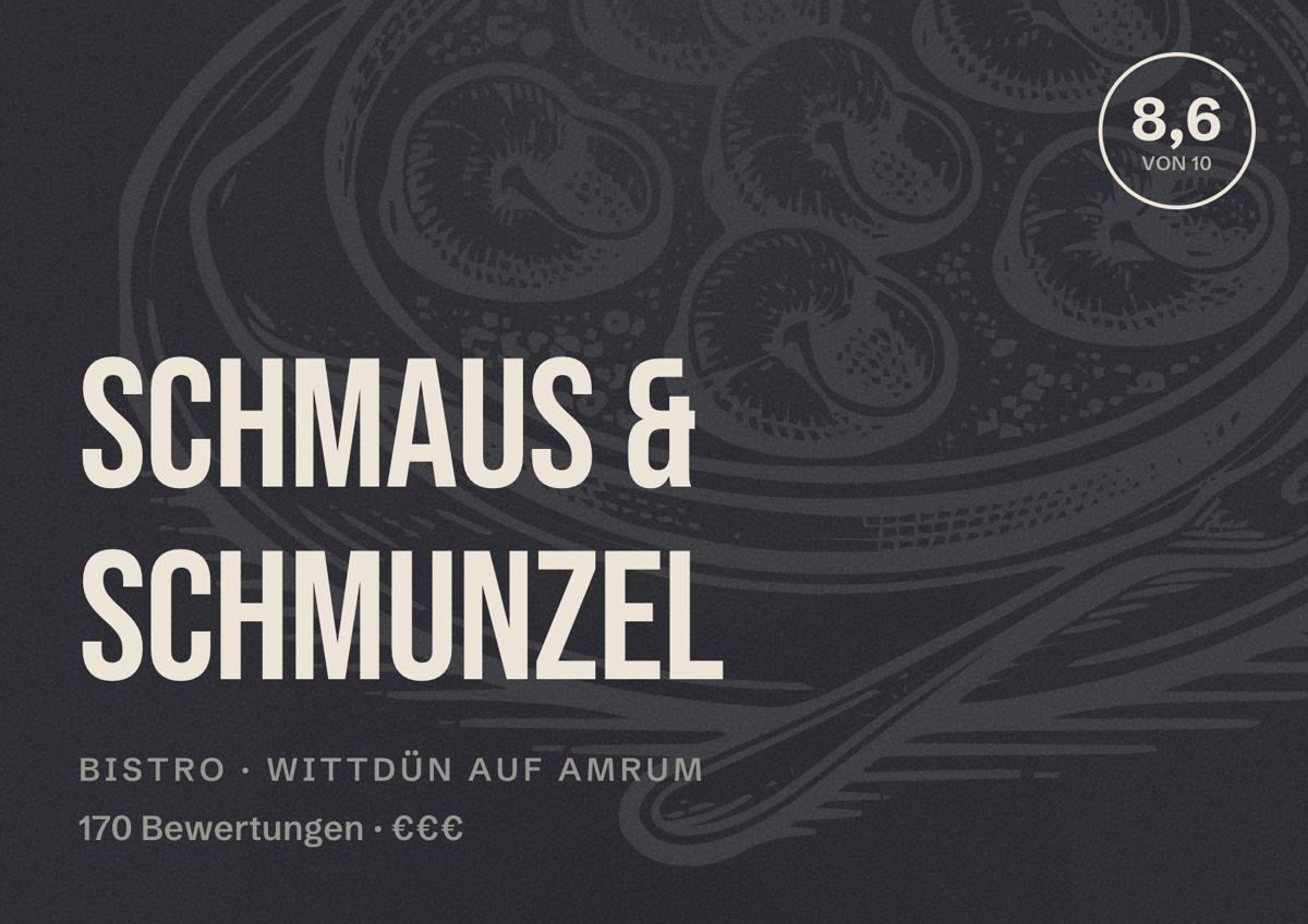 Illustriertes Poster von Schmaus & Schmunzel, Bistro in Wittdün auf Amrum: Bewertung 8,6 von 10 aus 170 Bewertungen, Preisniveau €€€