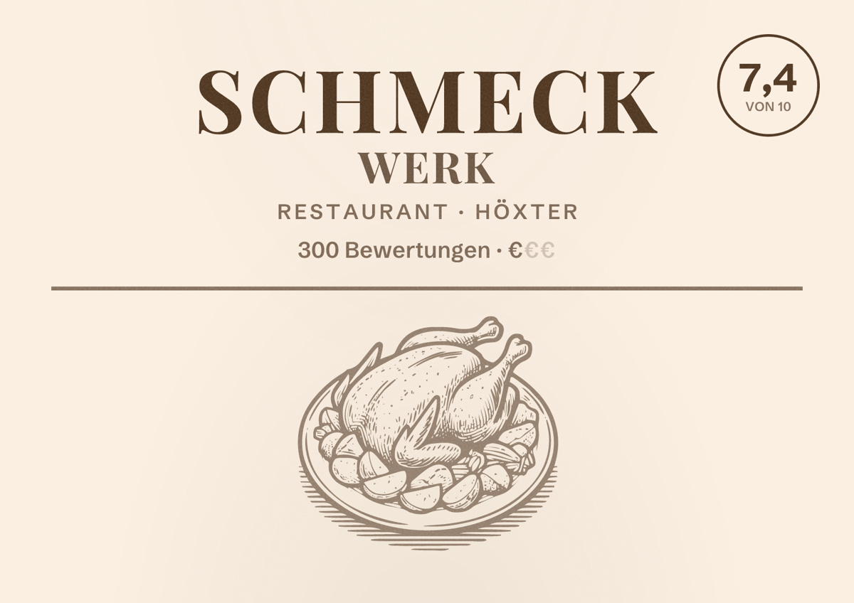 Illustriertes Poster von Schmeck Werk, Restaurant in Höxter: Bewertung 7,4 von 10 aus 300 Bewertungen, Preisniveau €