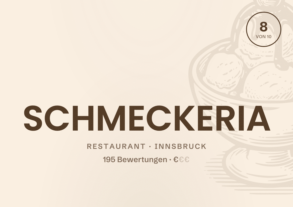 Illustriertes Poster von SCHMECKERIA, Restaurant in Innsbruck: Bewertung 8 von 10 aus 195 Bewertungen, Preisniveau €