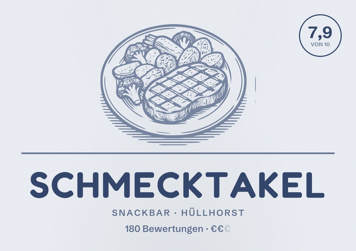 Illustriertes Poster von Schmecktakel, Snackbar in Hüllhorst: Bewertung 7,9 von 10 aus 180 Bewertungen, Preisniveau €€