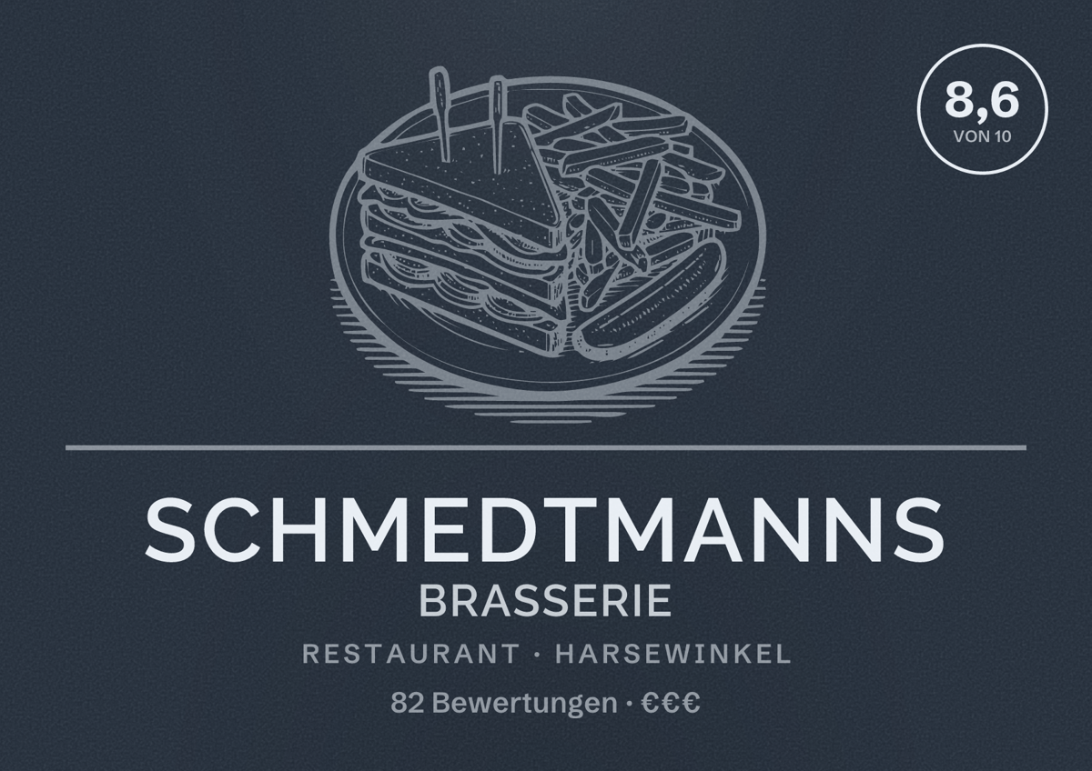 Illustriertes Poster von Schmedtmanns Brasserie, Restaurant in Harsewinkel: Bewertung 8,6 von 10 aus 82 Bewertungen, Preisniveau €€€