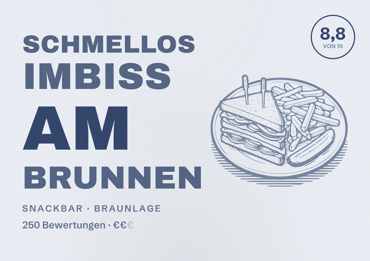 Illustriertes Poster von Schmellos Imbiss am Brunnen, Snackbar in Braunlage: Bewertung 8,8 von 10 aus 250 Bewertungen, Preisniveau €€