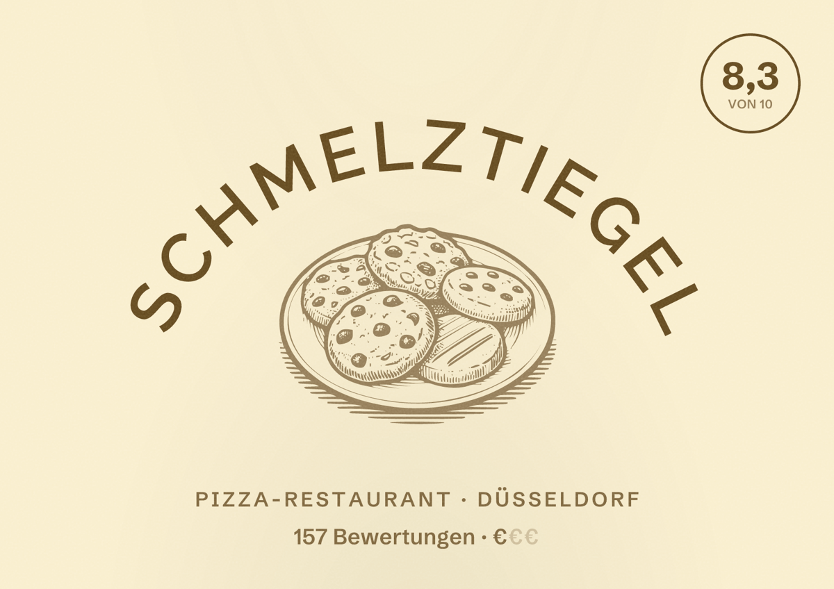 Illustriertes Poster von Schmelztiegel, Pizza-Restaurant in Düsseldorf: Bewertung 8,3 von 10 aus 157 Bewertungen, Preisniveau €