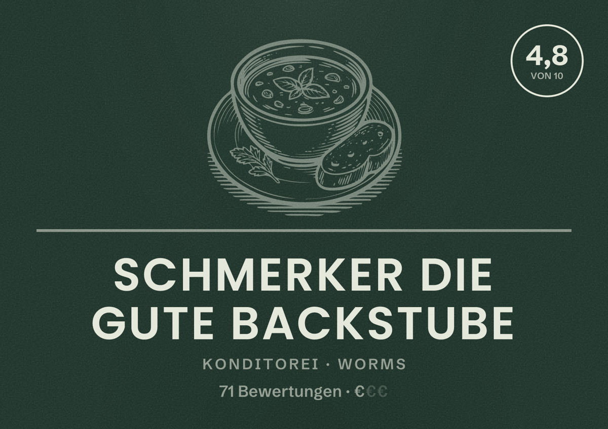 Illustriertes Poster von Schmerker Die gute Backstube, Konditorei in Worms: Bewertung 4,8 von 10 aus 71 Bewertungen, Preisniveau €