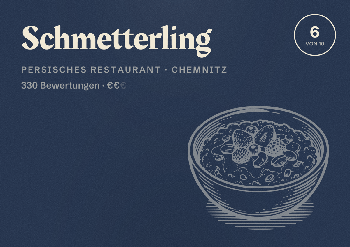 Illustriertes Poster von Schmetterling, Persisches Restaurant in Chemnitz: Bewertung 6,0 von 10 aus 330 Bewertungen, Preisniveau €€