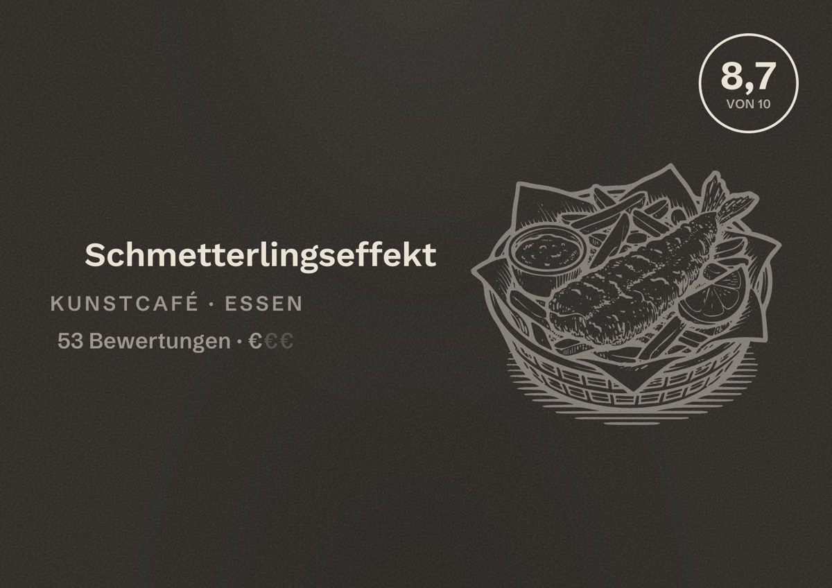 Illustriertes Poster von Schmetterlingseffekt, Kunstcafé in Essen: Bewertung 8,7 von 10 aus 53 Bewertungen, Preisniveau €