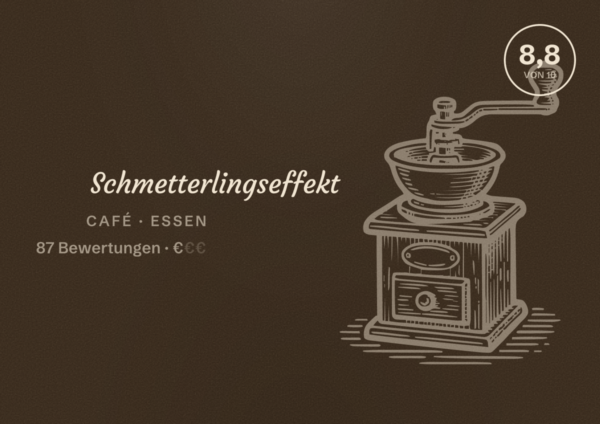 Illustriertes Poster von Schmetterlingseffekt, Café in Essen: Bewertung 8,8 von 10 aus 87 Bewertungen, Preisniveau €