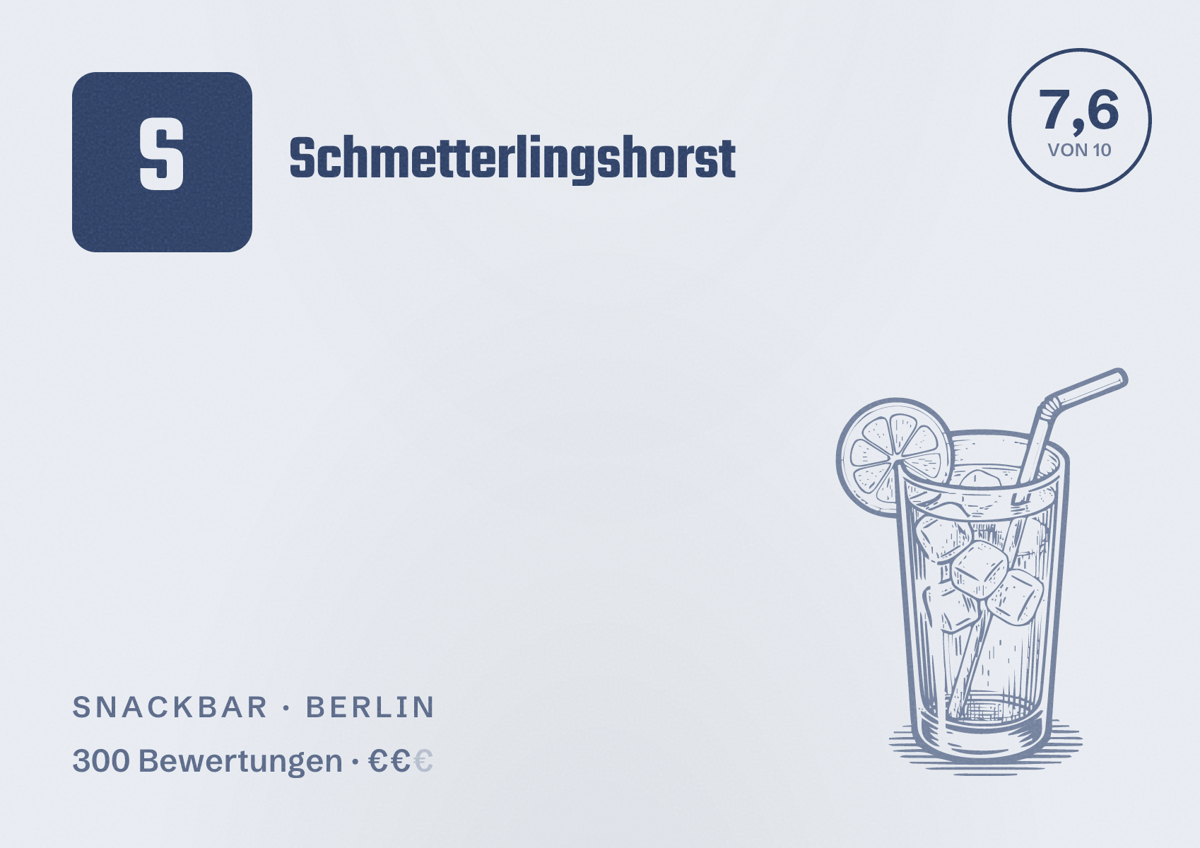 Illustriertes Poster von Schmetterlingshorst, Snackbar in Berlin: Bewertung 7,6 von 10 aus 300 Bewertungen, Preisniveau €€