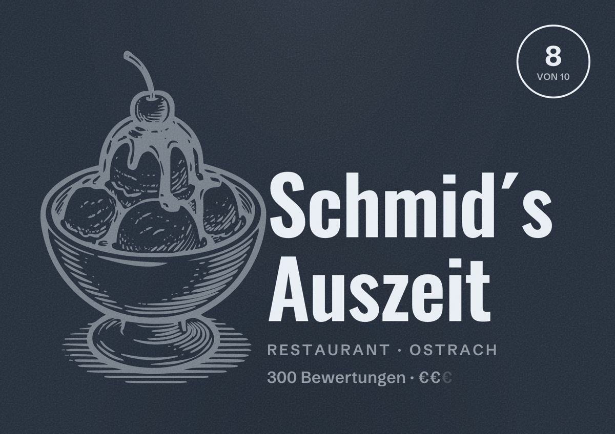 Illustriertes Poster von Schmid´s Auszeit, Restaurant in Ostrach: Bewertung 8 von 10 aus 300 Bewertungen, Preisniveau €€