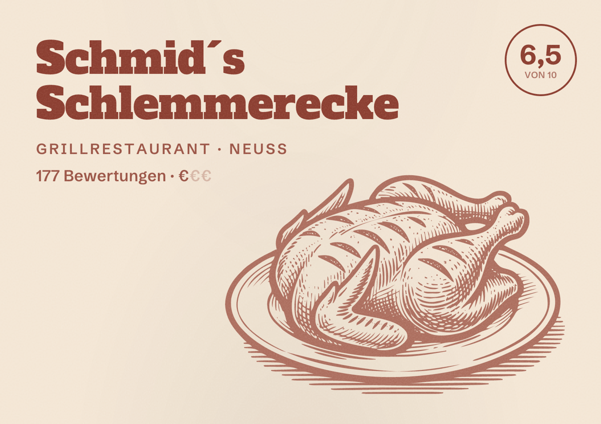 Illustriertes Poster von Schmid´s Schlemmerecke, Grillrestaurant in Neuss: Bewertung 6,5 von 10 aus 177 Bewertungen, Preisniveau €