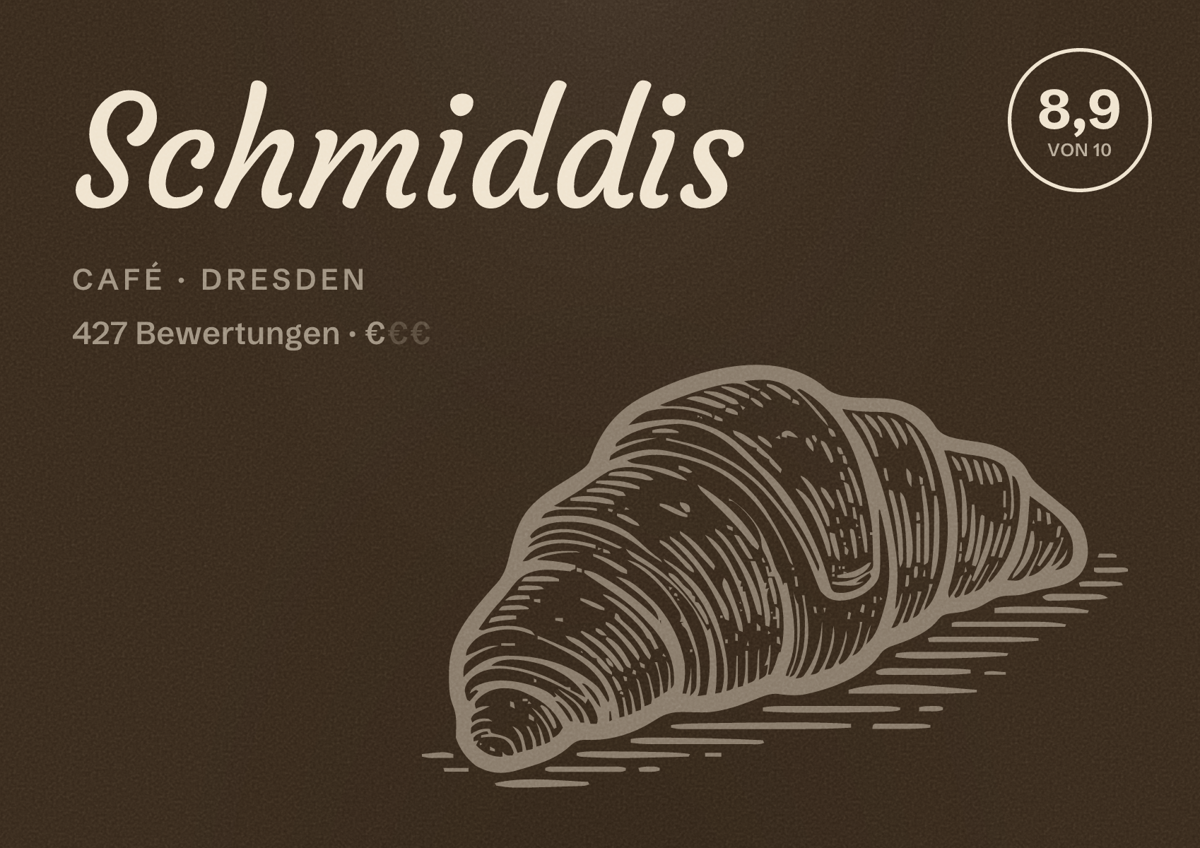 Illustriertes Poster von Schmiddis, Café in Dresden: Bewertung 8,9 von 10 aus 427 Bewertungen, Preisniveau €