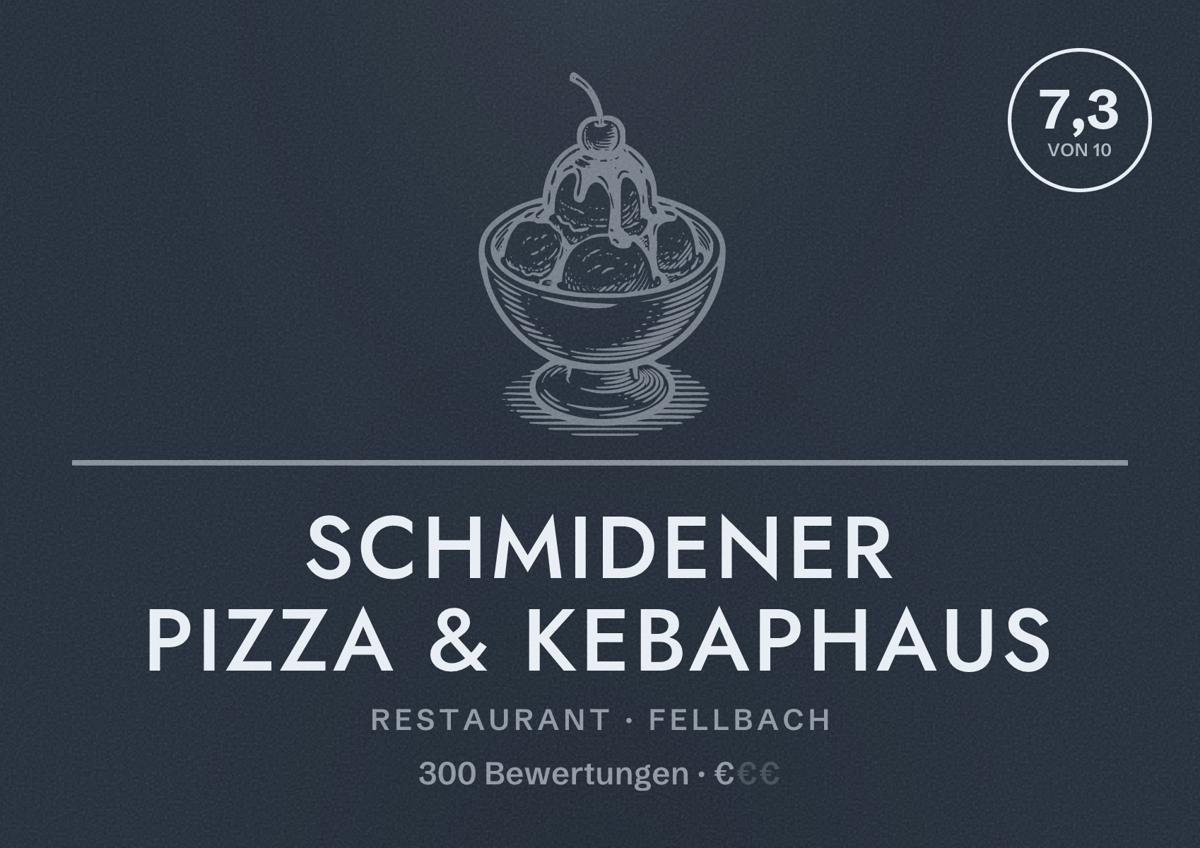 Illustriertes Poster von Schmidener Pizza & Kebaphaus, Restaurant in Fellbach: Bewertung 7,3 von 10 aus 300 Bewertungen, Preisniveau €