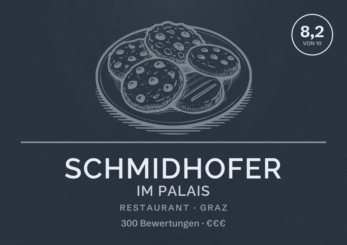 Illustriertes Poster von Schmidhofer Im Palais, Restaurant in Graz: Bewertung 8,2 von 10 aus 300 Bewertungen, Preisniveau €€€