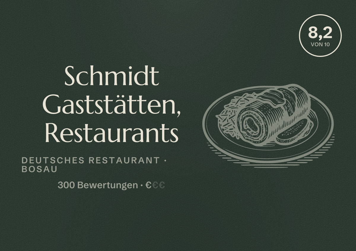 Illustriertes Poster von Schmidt Gaststätten, Restaurants, Deutsches Restaurant in Bosau: Bewertung 8,2 von 10 aus 300 Bewertungen, Preisniveau €