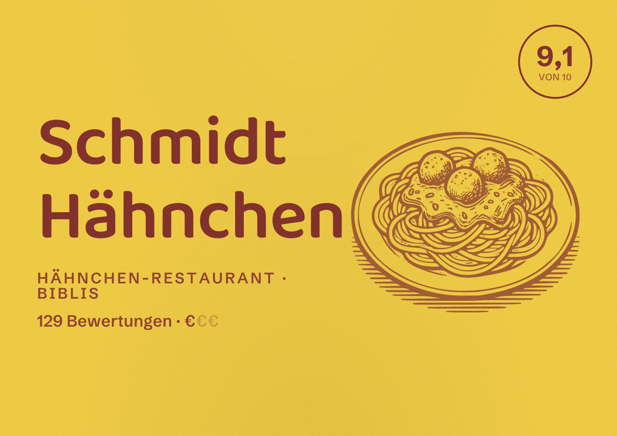 Illustriertes Poster von Schmidt Hähnchen, Hähnchen-Restaurant in Biblis: Bewertung 9,1 von 10 aus 129 Bewertungen, Preisniveau €