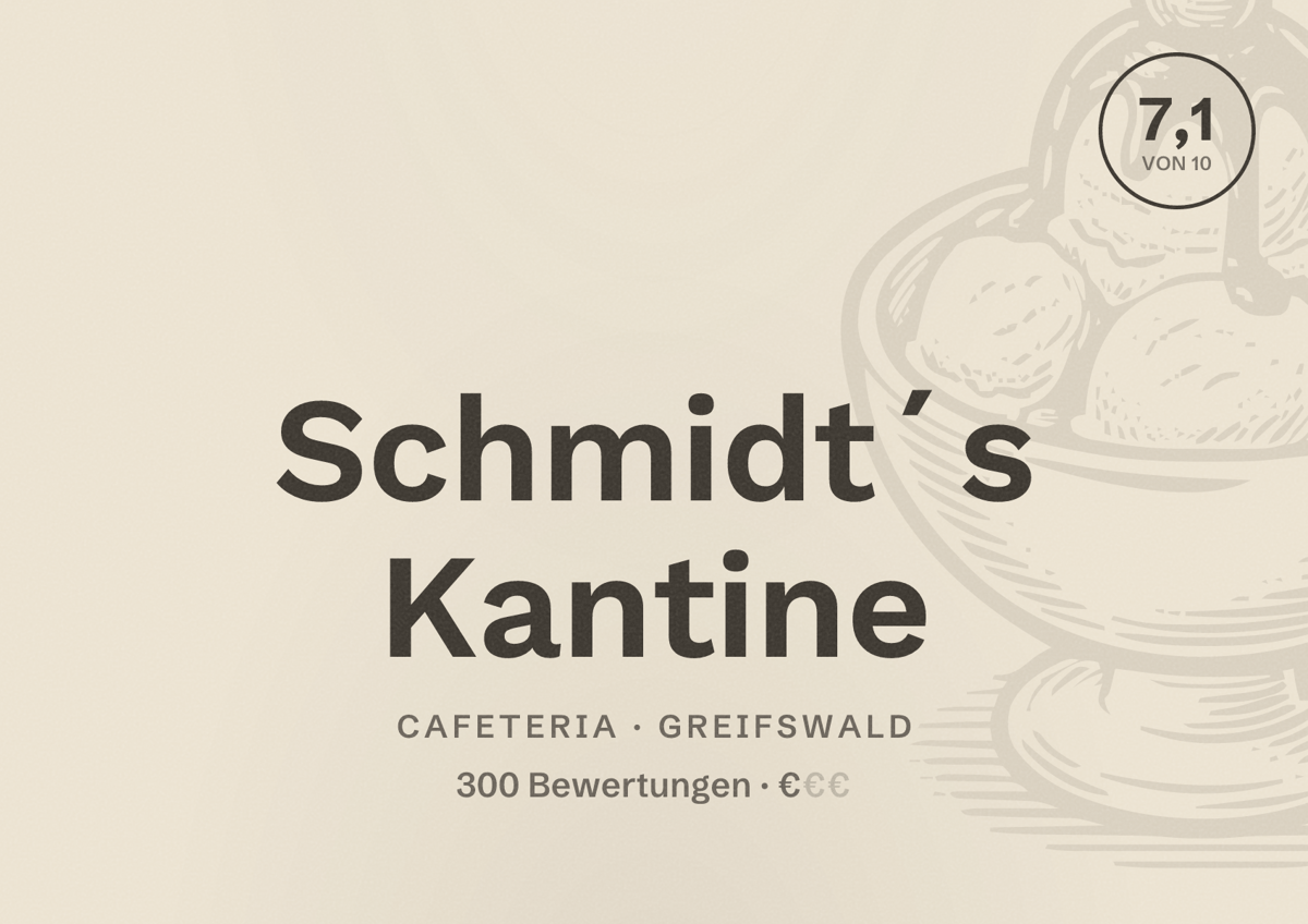 Illustriertes Poster von Schmidt´s Kantine, Cafeteria in Greifswald: Bewertung 7,1 von 10 aus 300 Bewertungen, Preisniveau €