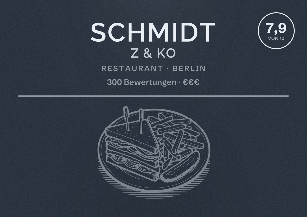 Illustriertes Poster von Schmidt Z & KO, Restaurant in Berlin: Bewertung 7,9 von 10 aus 300 Bewertungen, Preisniveau €€€