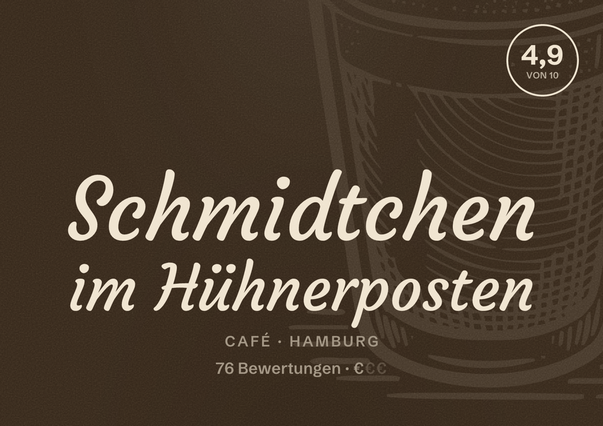 Illustriertes Poster von Schmidtchen im Hühnerposten, Café in Hamburg: Bewertung 4,9 von 10 aus 76 Bewertungen, Preisniveau €