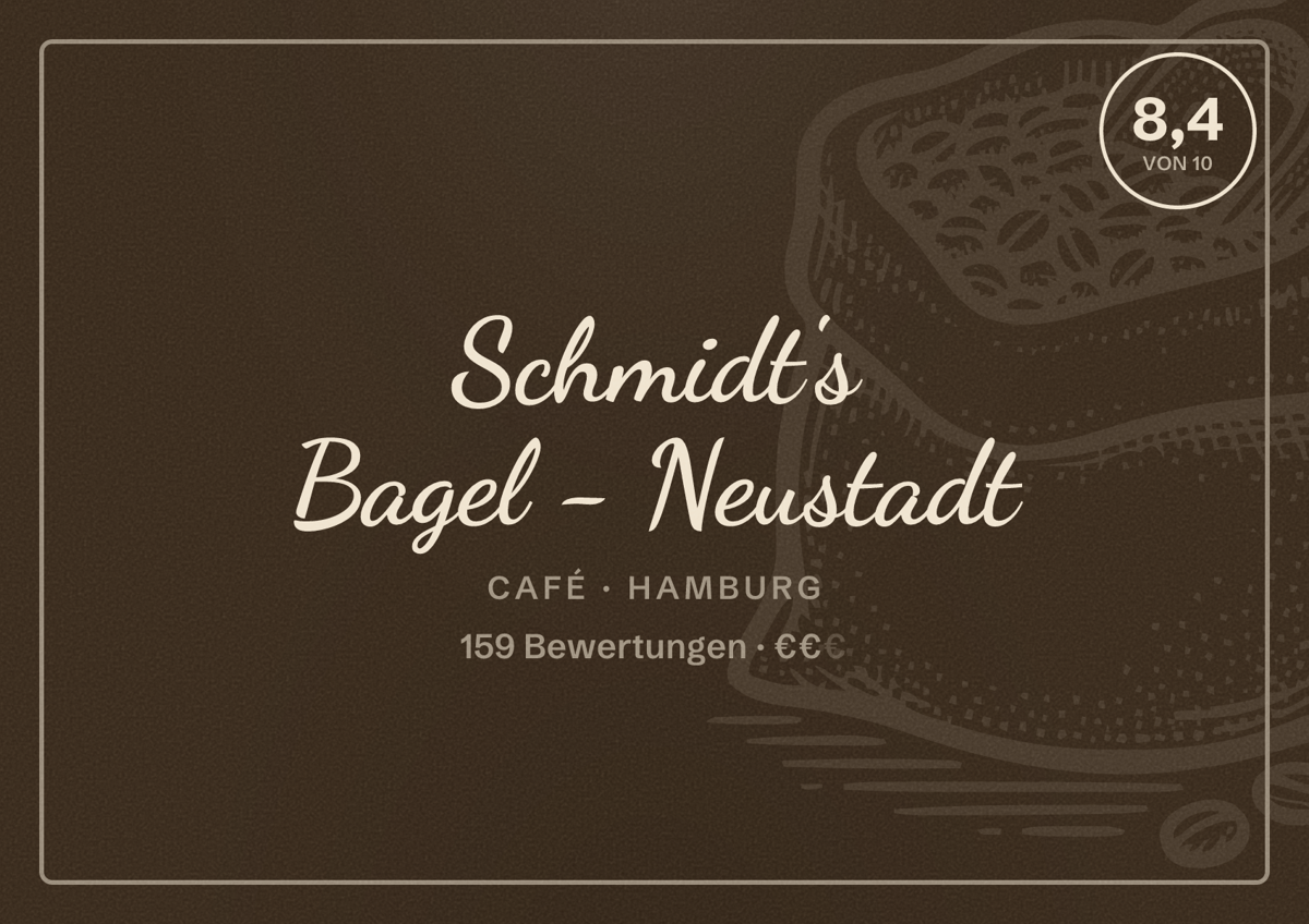 Illustriertes Poster von Schmidt's Bagel - Neustadt, Café in Hamburg: Bewertung 8,4 von 10 aus 159 Bewertungen, Preisniveau €€
