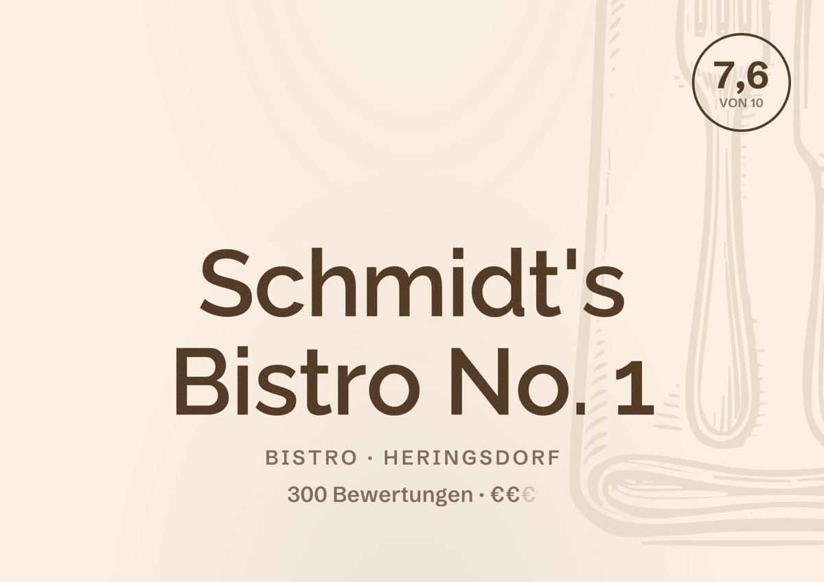 Illustriertes Poster von Schmidt's Bistro No. 1, Bistro in Heringsdorf: Bewertung 7,6 von 10 aus 300 Bewertungen, Preisniveau €€