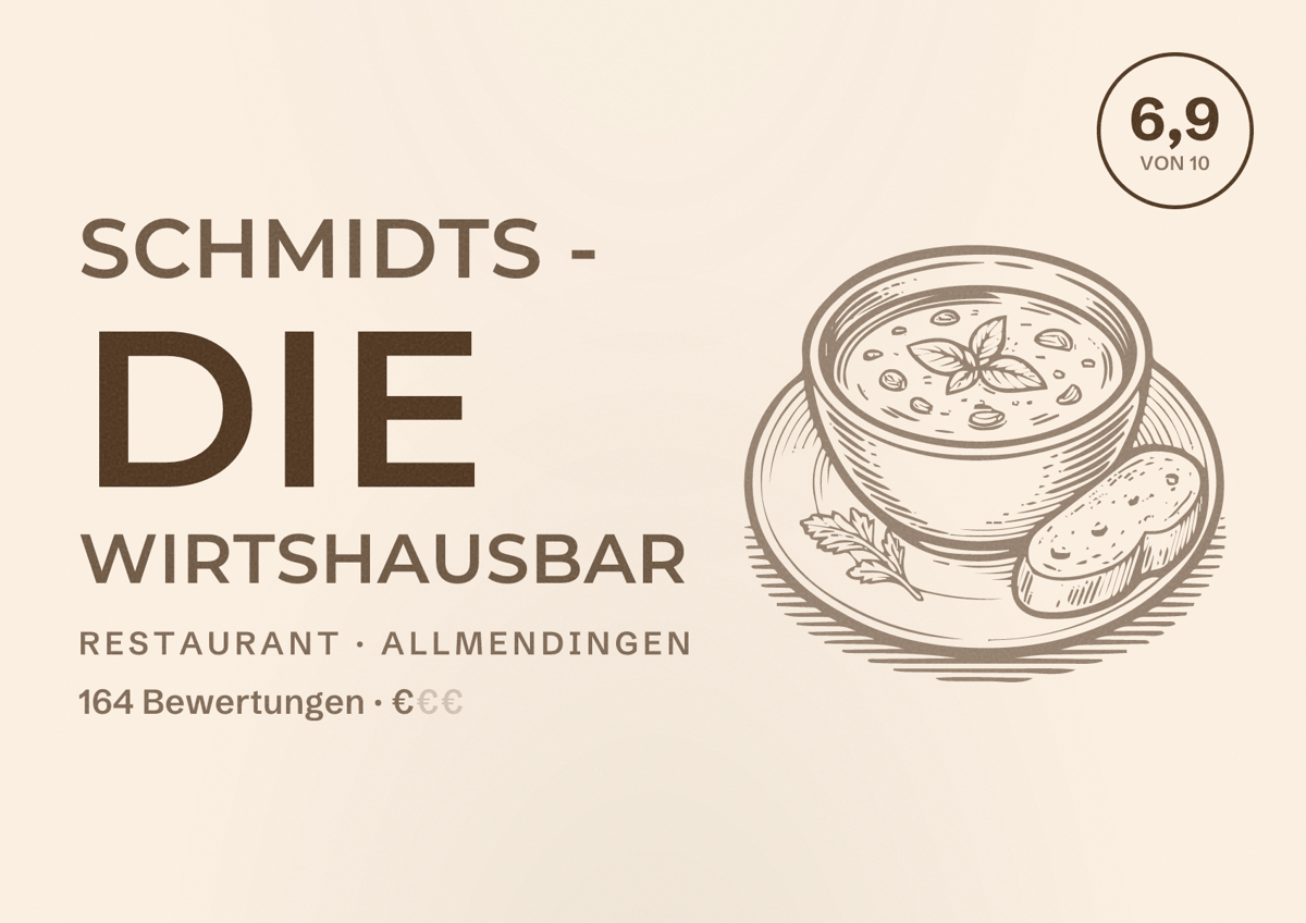 Illustriertes Poster von Schmidts - Die Wirtshausbar, Restaurant in Allmendingen: Bewertung 6,9 von 10 aus 164 Bewertungen, Preisniveau €