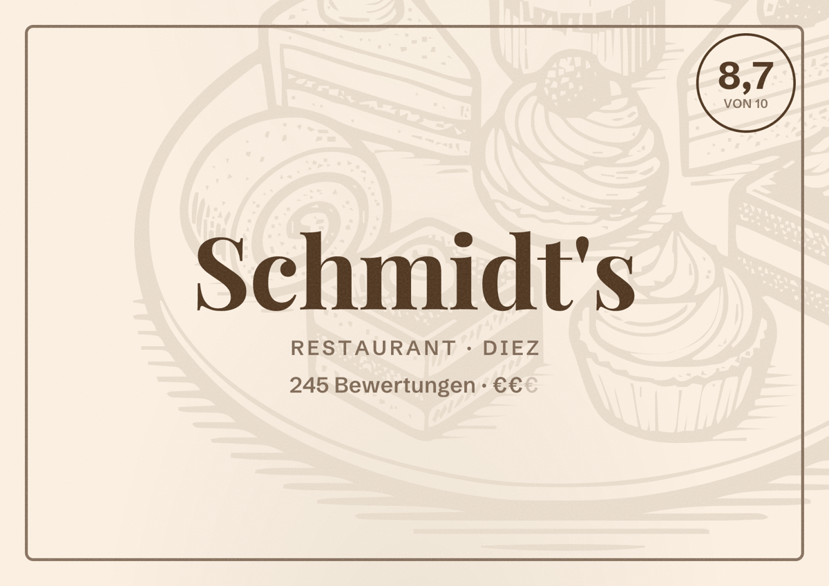 Illustriertes Poster von Schmidt's, Restaurant in Diez: Bewertung 8,7 von 10 aus 245 Bewertungen, Preisniveau €€