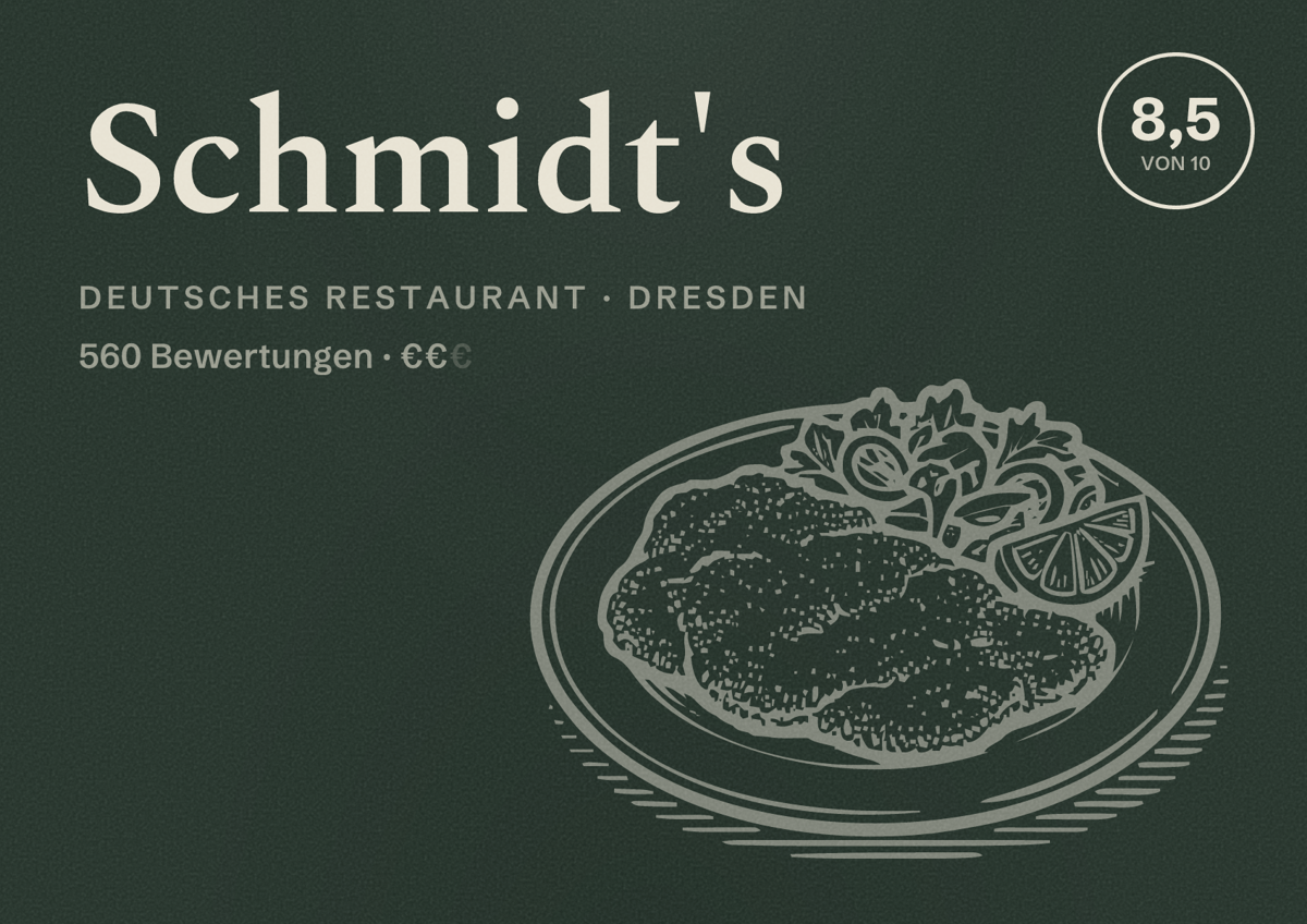 Illustriertes Poster von Schmidt's, Deutsches Restaurant in Dresden: Bewertung 8,5 von 10 aus 560 Bewertungen, Preisniveau €€