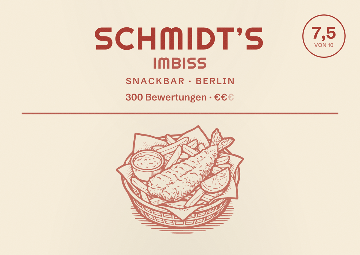 Illustriertes Poster von Schmidt’s Imbiss, Snackbar in Berlin: Bewertung 7,5 von 10 aus 300 Bewertungen, Preisniveau €€