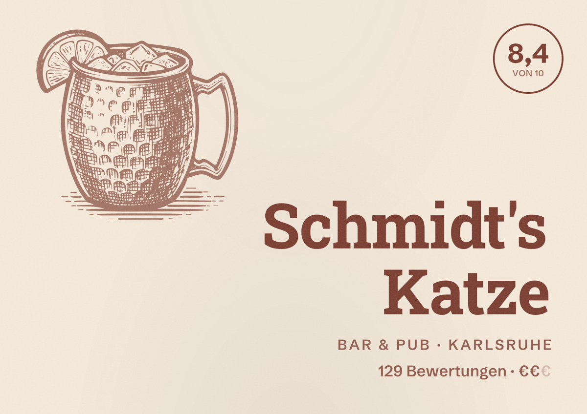 Illustriertes Poster von Schmidt's Katze, Bar & Pub in Karlsruhe: Bewertung 8,4 von 10 aus 129 Bewertungen, Preisniveau €€