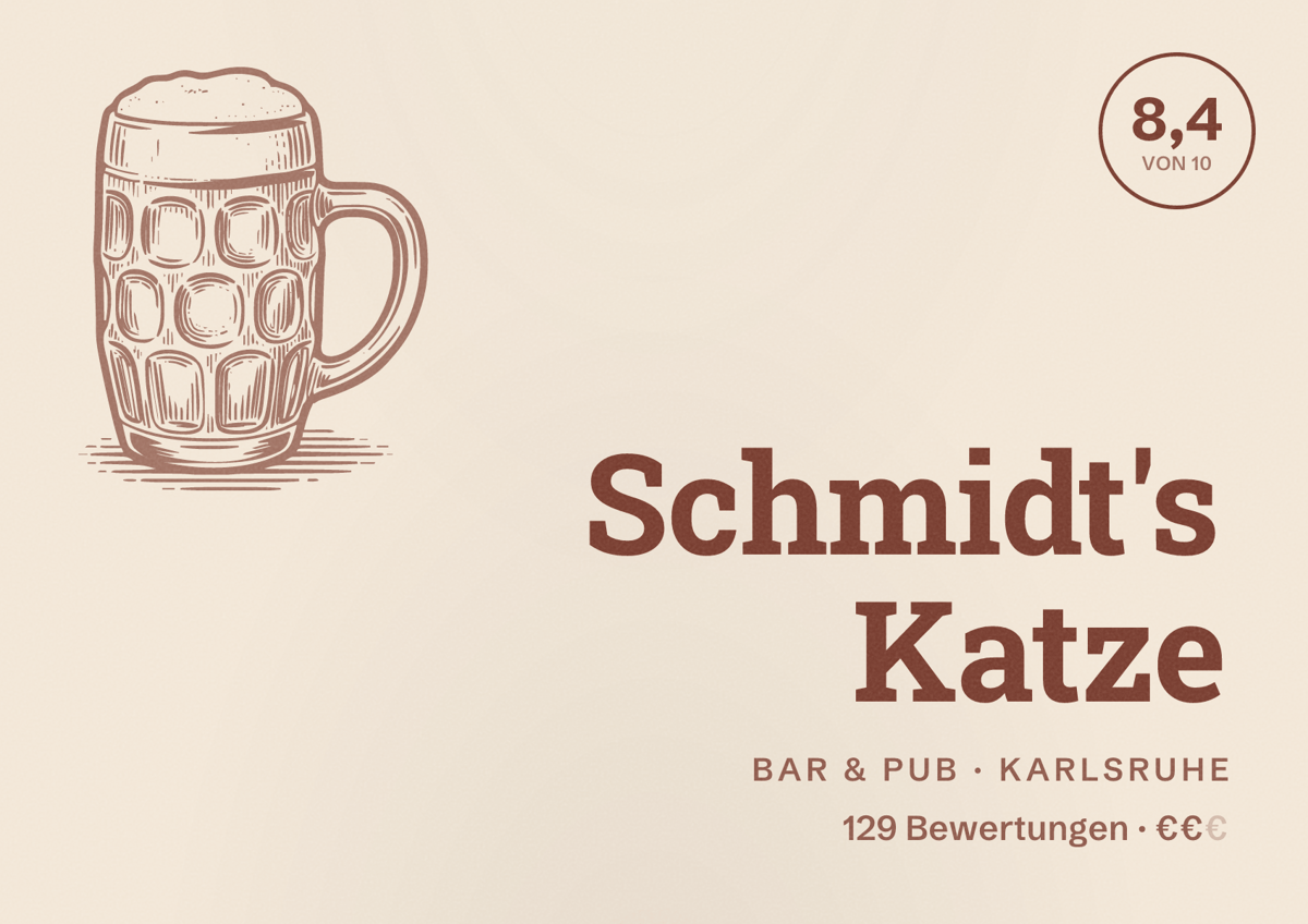 Illustriertes Poster von Schmidt's Katze, Bar & Pub in Karlsruhe: Bewertung 8,4 von 10 aus 129 Bewertungen, Preisniveau €€