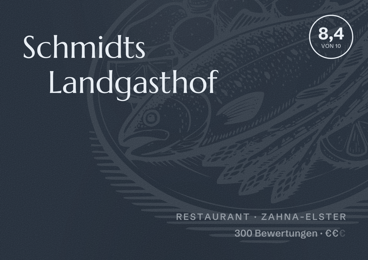 Illustriertes Poster von Schmidts Landgasthof, Restaurant in Zahna-Elster: Bewertung 8,4 von 10 aus 300 Bewertungen, Preisniveau €€