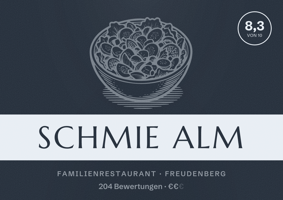 Illustriertes Poster von Schmie Alm, Familienrestaurant in Freudenberg: Bewertung 8,3 von 10 aus 204 Bewertungen, Preisniveau €€