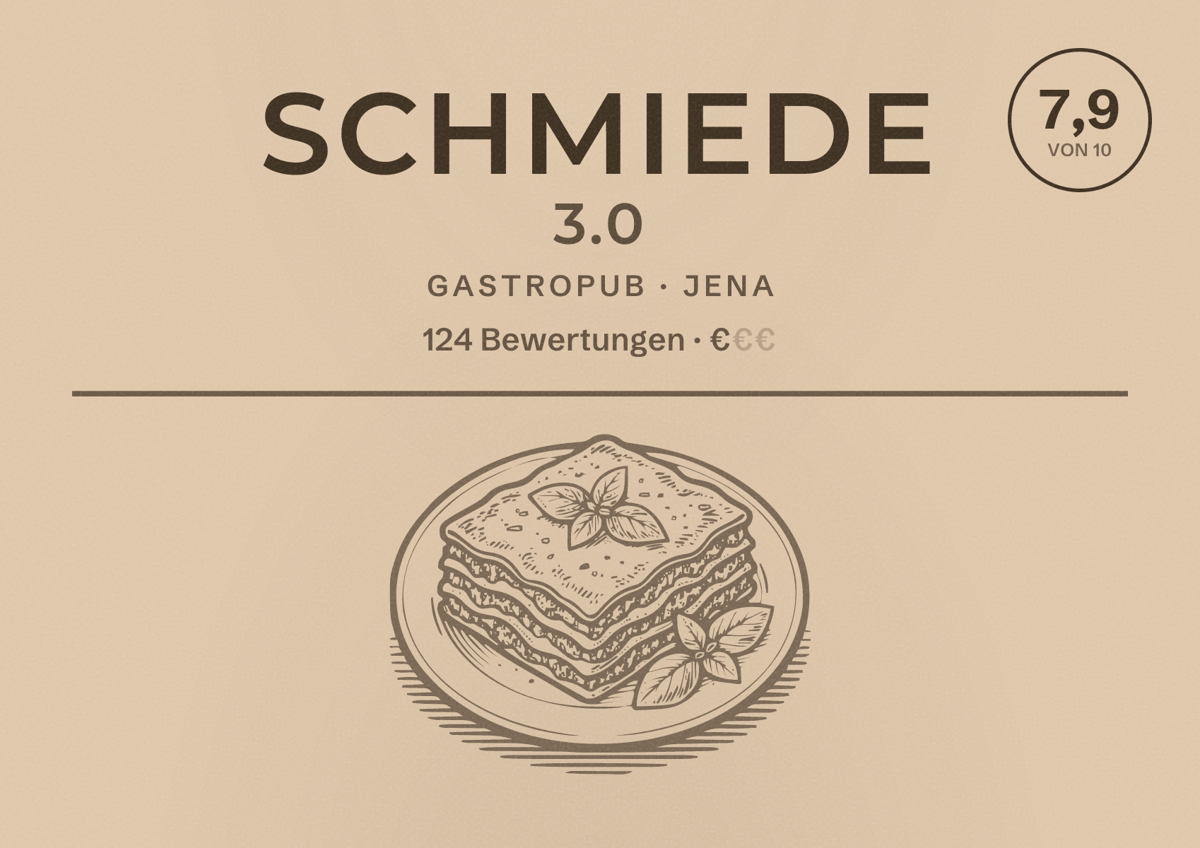Illustriertes Poster von Schmiede 3.0, Gastropub in Jena: Bewertung 7,9 von 10 aus 124 Bewertungen, Preisniveau €