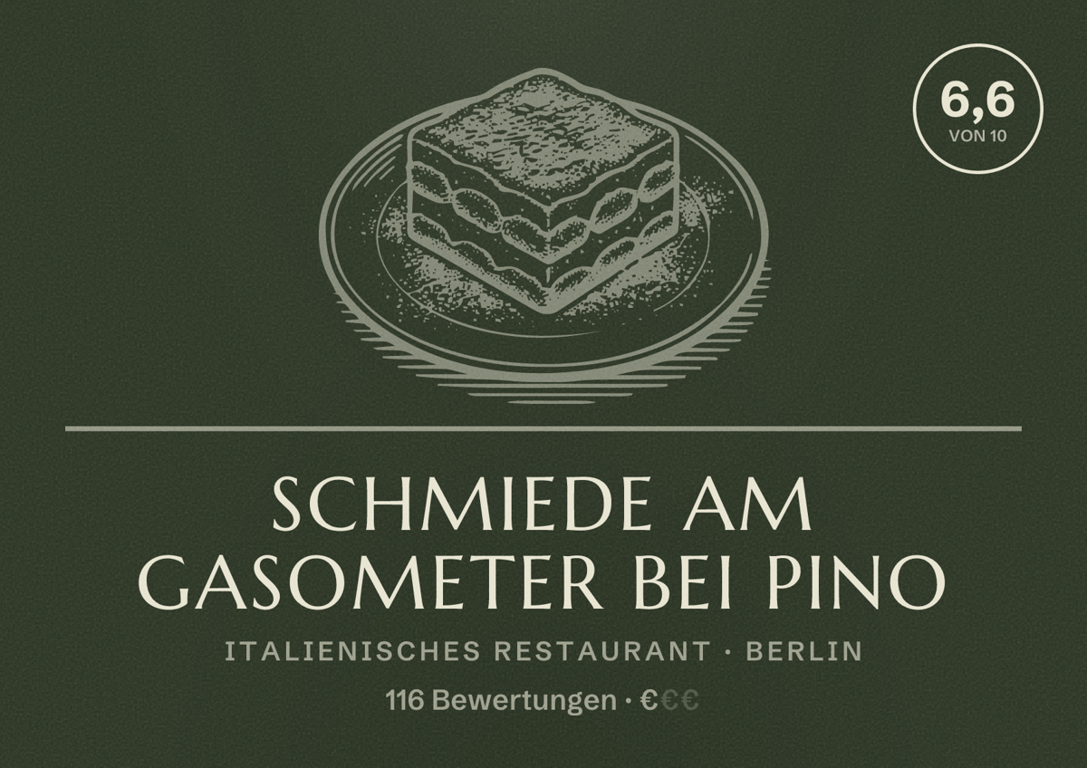 Illustriertes Poster von Schmiede am Gasometer bei Pino, Italienisches Restaurant in Berlin: Bewertung 6,6 von 10 aus 116 Bewertungen, Preisniveau €