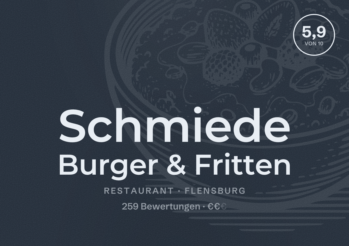 Illustriertes Poster von Schmiede Burger & Fritten, Restaurant in Flensburg: Bewertung 5,9 von 10 aus 259 Bewertungen, Preisniveau €€