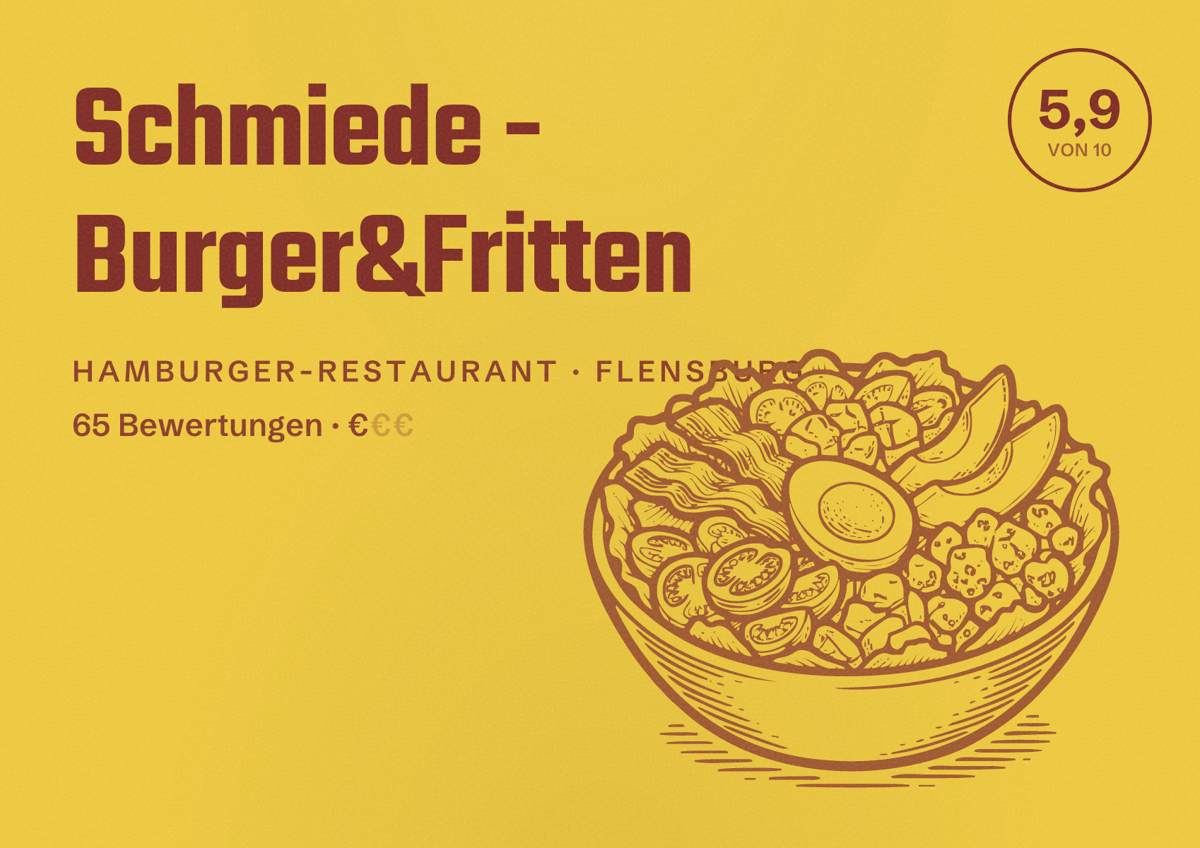 Illustriertes Poster von Schmiede - Burger&Fritten, Hamburger-Restaurant in Flensburg: Bewertung 5,9 von 10 aus 65 Bewertungen, Preisniveau €