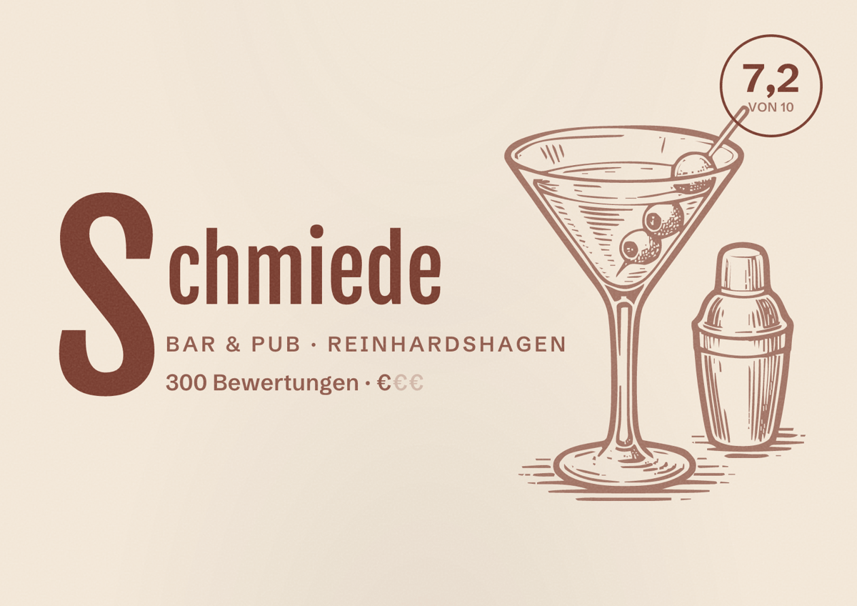 Illustriertes Poster von Schmiede, Bar & Pub in Reinhardshagen: Bewertung 7,2 von 10 aus 300 Bewertungen, Preisniveau €