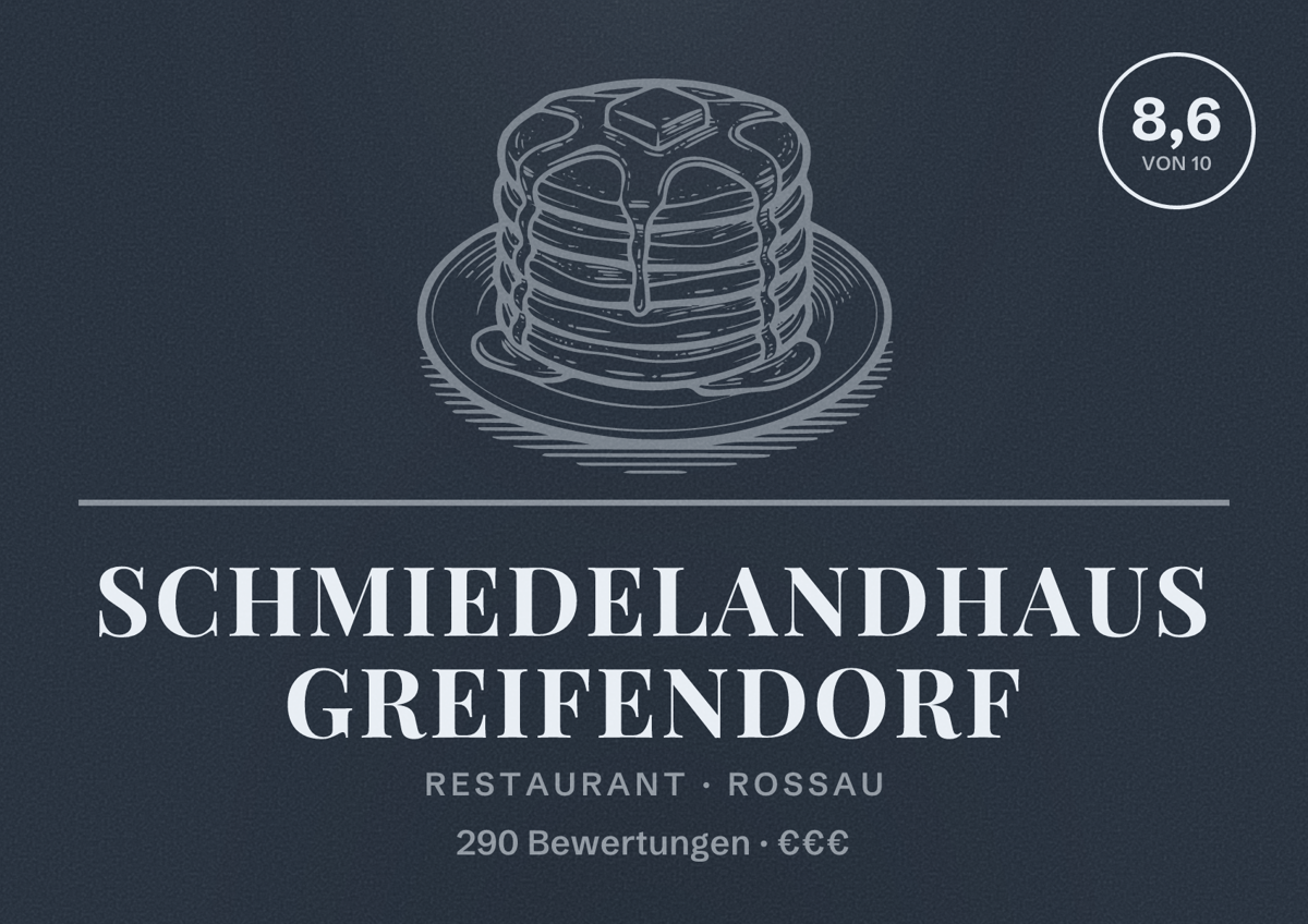 Illustriertes Poster von Schmiedelandhaus Greifendorf, Restaurant in Rossau: Bewertung 8,6 von 10 aus 290 Bewertungen, Preisniveau €€€