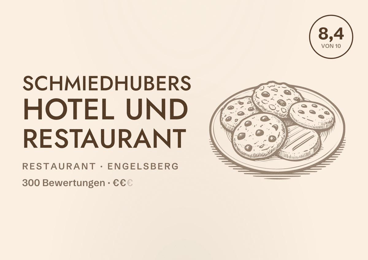 Illustriertes Poster von SCHMIEDHUBERs Hotel und Restaurant, Restaurant in Engelsberg: Bewertung 8,4 von 10 aus 300 Bewertungen, Preisniveau €€