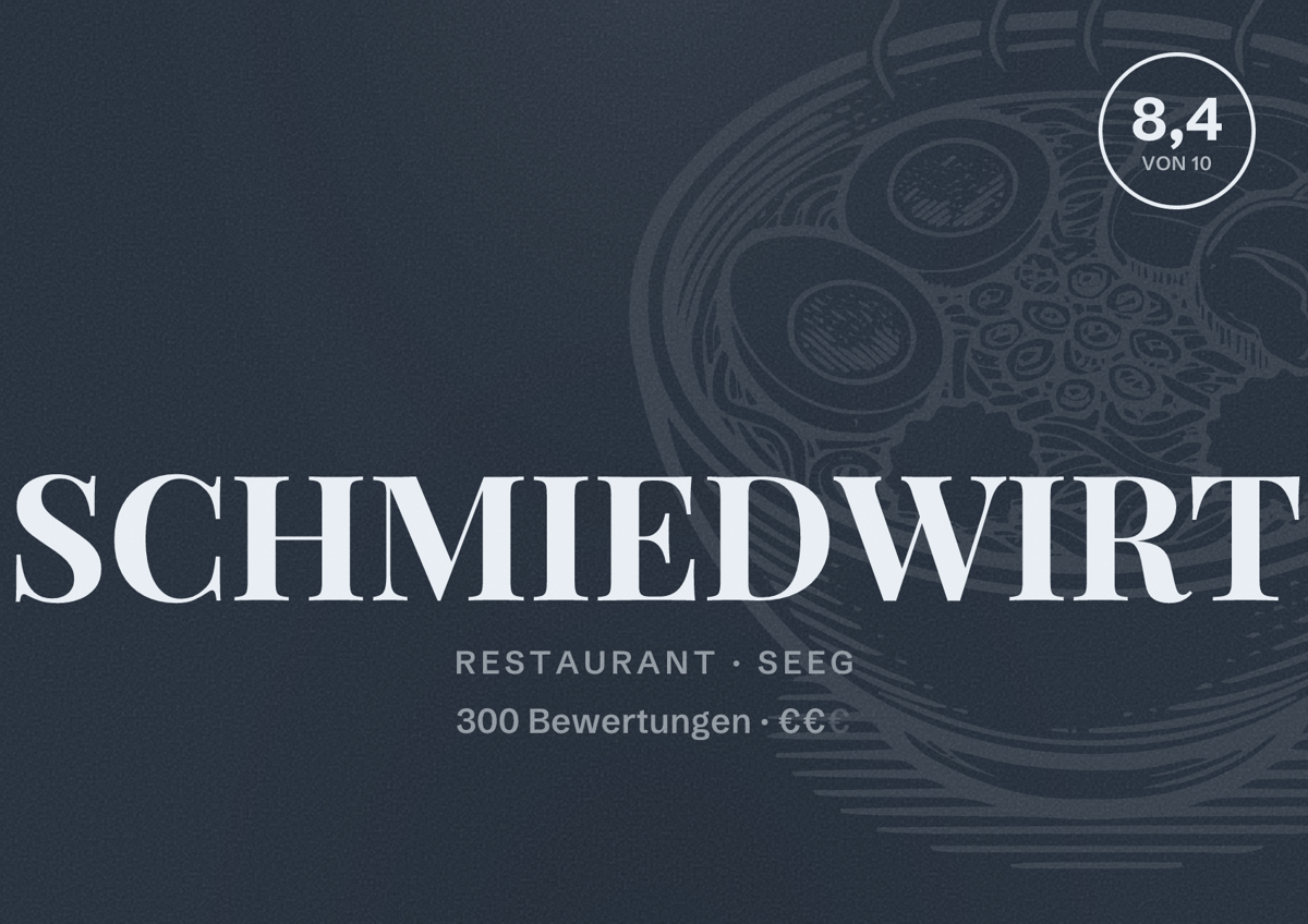 Illustriertes Poster von SCHMIEDWIRT, Restaurant in Seeg: Bewertung 8,4 von 10 aus 300 Bewertungen, Preisniveau €€