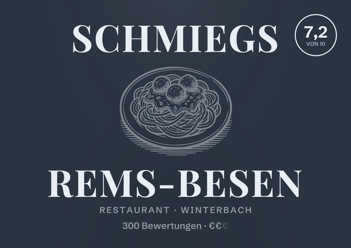 Illustriertes Poster von Schmiegs Rems-Besen, Restaurant in Winterbach: Bewertung 7,2 von 10 aus 300 Bewertungen, Preisniveau €€