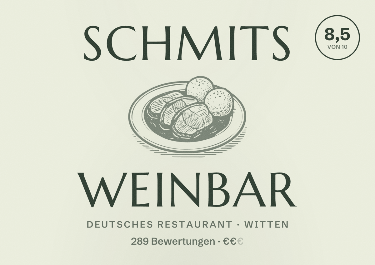 Illustriertes Poster von Schmits Weinbar, Deutsches Restaurant in Witten: Bewertung 8,5 von 10 aus 289 Bewertungen, Preisniveau €€